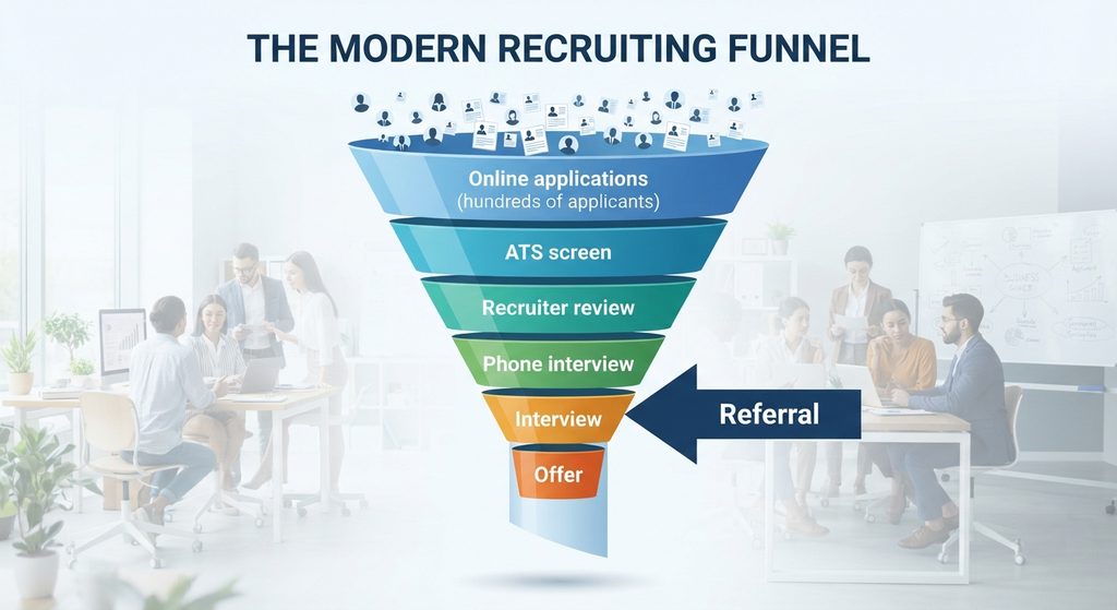 Hiring funnel diagram showing online applicants filtered by automated screening at the top, while referrals enter near the interview stage