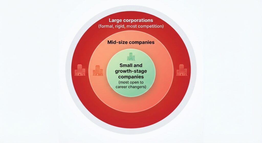 Concentric circle diagram ranking employers by accessibility for career changers, with large corporations outermost and small growth companies at the center
