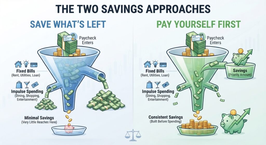 Two funnels comparing saving what's left after spending with paying yourself first through automatic transfers
