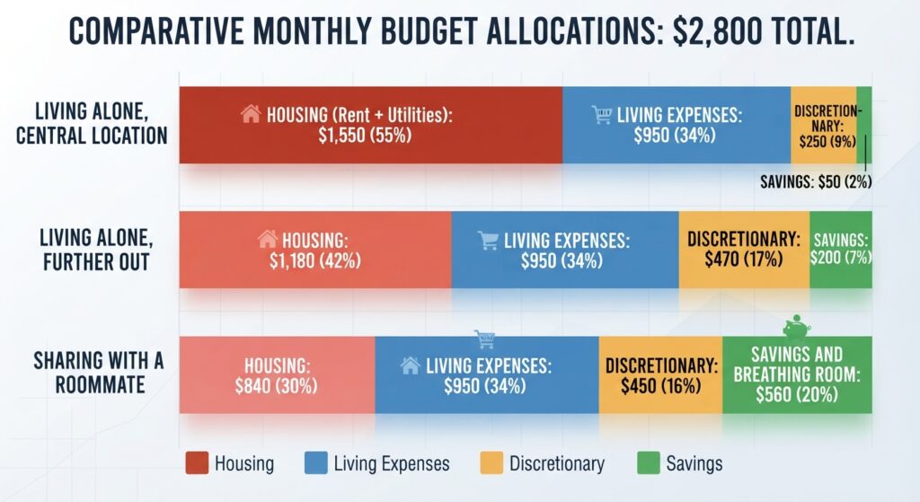 Bar chart comparing how much of a $2,800 monthly budget goes to housing when living alone downtown, living alone farther out, or sharing with a roommate